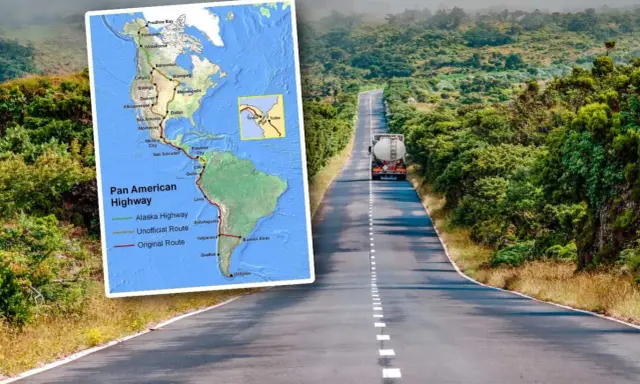Mapa Pan American Highway z trasą od Alaski do Argentyny, obok droga przez zielone wzgórza z ciężarówką.