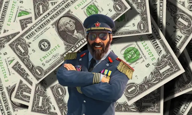 Generał w mundurze z medalami na tle dolarów. To najlepsza gra ekonomiczna, w której budujesz imperium!