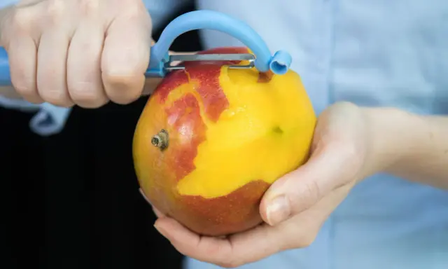 Hände schälen eine reife Mango mit einem blauen Sparschäler. Das Fruchtfleisch leuchtet gelb, während die Schale rot und gelb ist.