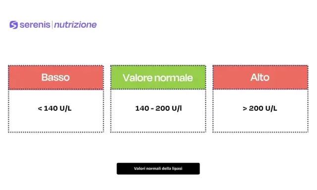 Grafico che illustra i valori normali della lipasi: basso (<140 U/L), normale (140-200 U/I) e alto (>200 U/L).