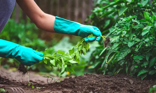 Manos enguantadas sacan con cuidado una planta con raíces del suelo, tarea esencial para quitar malas hierbas y cuidar el huerto.