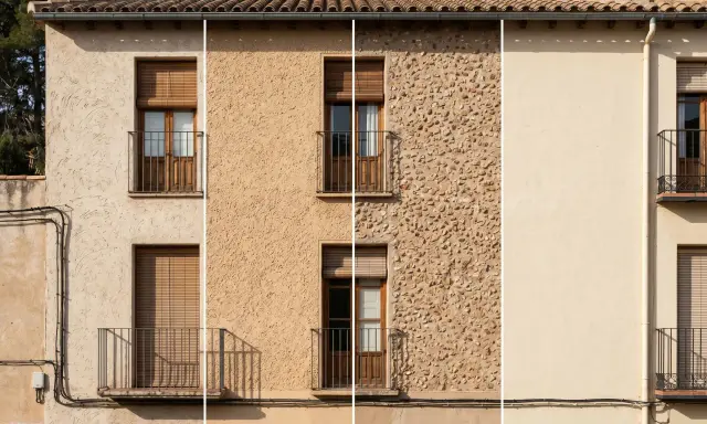 Fachadas de casas con monocapa: raspada, gota, piedra proyectada y fratasada. Muestran diferentes texturas y acabados.