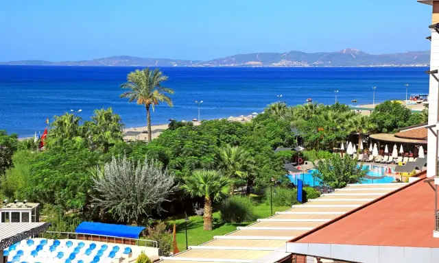 Widok na club cactus paradise: turkusowe morze, plaża, palmy, basen i budynki hotelowe.