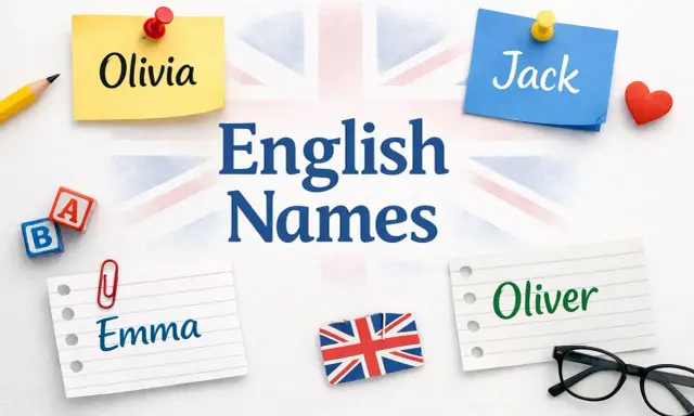 Olivia, Jack, Emma, Oliver – popularne angielskie imiona na tle flagi Wielkiej Brytanii.