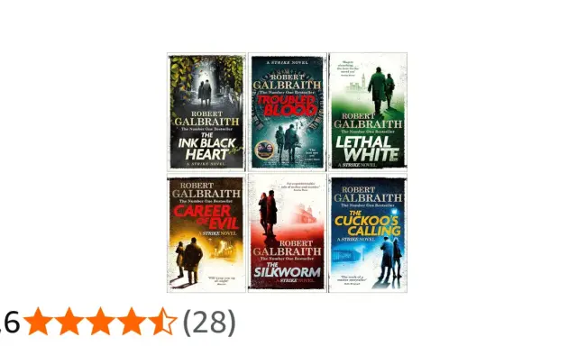 I copertine dei cormoran strike libri in ordine cronologico: The Ink Black Heart, Troubled Blood, Lethal White, Career of Evil, The Silkworm, The Cuckoo's Calling.