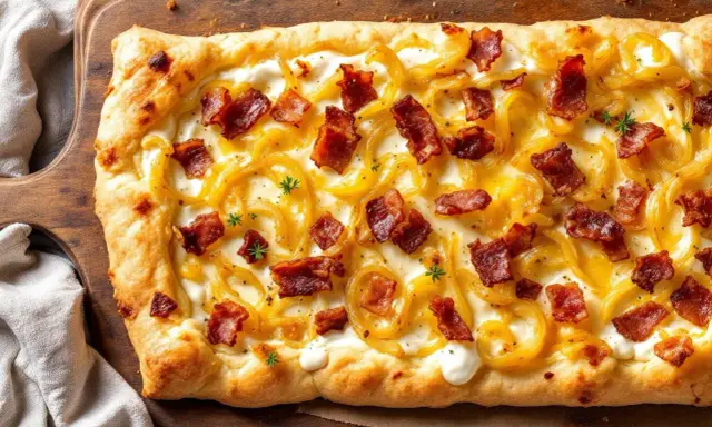 Flammekueche gourmande avec sa crème onctueuse, oignons caramélisés et lardons croustillants. Une recette facile pour un plaisir garanti.