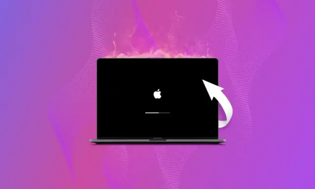 MacBook z jabłuszkiem i paskiem postępu, symbolizujący proces, jak zresetować Maca do ustawień fabrycznych.