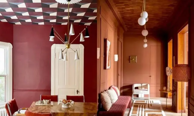 Ozdoba sufitu w jadalni z geometrycznym wzorem i nowoczesny żyrandol. Korytarz z drewnianym sufitem i minimalistycznymi lampami.