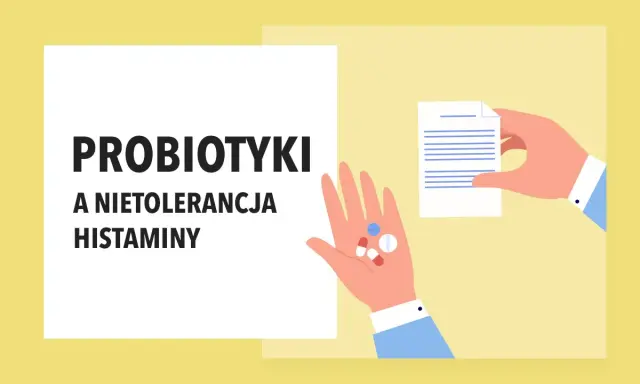 Probiotyki przy nietolerancji histaminy. Dłoń trzyma tabletki, druga podaje dokument.