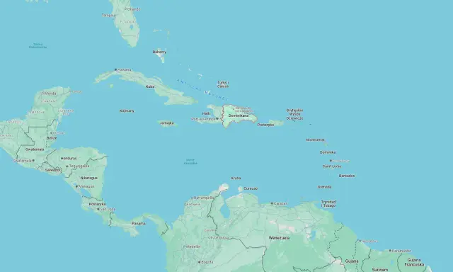Mapa Karaibów i Ameryki Środkowej. Widać Kubę, Jamajkę, Haiti i Dominikanę.