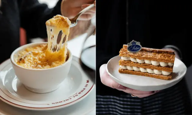 Soupe à l'oignon gratinée et millefeuille, deux spécialités parisiennes emblématiques.