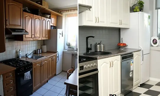 Metamorfoza kuchni za grosze: stara, drewniana zabudowa kontra nowoczesna, biała kuchnia z szarym tłem.