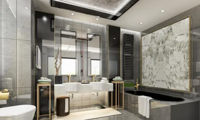 Bagni belli con vasca nera, doppio lavabo e finiture dorate. Un'oasi di lusso e relax.