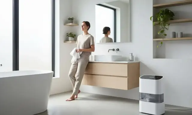 Mujer en baño moderno con deshumidificador, una solución para saber como sacar la humedad del baño sin ventilación.