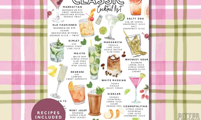 Klassische Cocktails-Liste mit Illustrationen und Zutaten. Rezepte für Manhattan, Mojito, Margarita, Whiskey Sour und mehr.