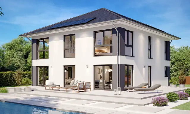 Moderne Stadtvilla mit Pool und Gartenmöbeln. Die Definition einer Stadtvilla: ein repräsentatives Wohnhaus in der Stadt.