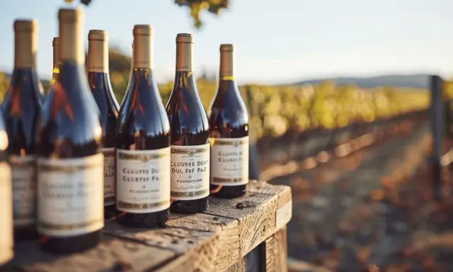 Bouteilles de vin sur une table en bois, avec un vignoble en arrière-plan. Le soleil couchant illumine ce qui pourrait être le meilleur Châteauneuf-du-Pape.