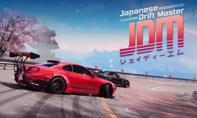 Czerwony i czarny samochód w stylu jdm japanese drift master na torze wyścigowym, z kwitnącą wiśnią i pagodą w tle.