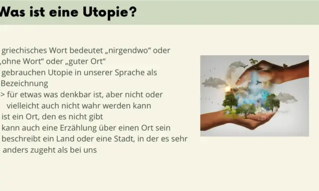 Hände halten eine Welt mit Bäumen, Wasserfall und Stadt. Merkmale Utopie: ein Ort, der nicht existiert, aber denkbar ist.