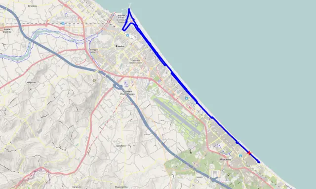 Mappa della pista ciclabile di Riccione, che segue la costa adriatica da Rimini fino a Misano.