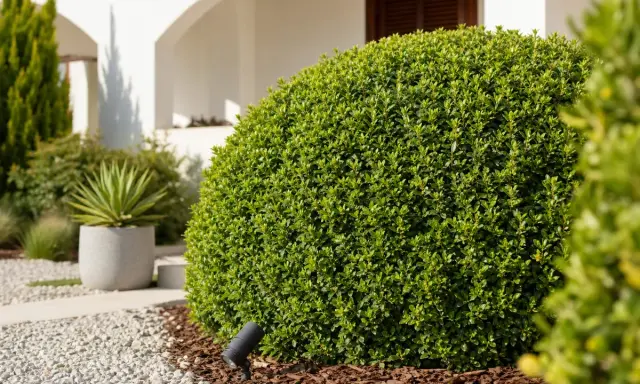 Un pittosporum bien taillé, prêt pour l'été. Un éclairage discret souligne sa forme arrondie.