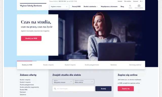 Strona główna WSB online: młoda kobieta z laptopem, oferty studiów, wyszukiwarka kierunków i opcja zapisu online.