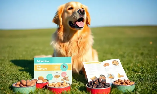 Golden retriever z zaciekawieniem patrzy na miseczki z orzechami i broszurę "Pet Nutrition". Czy psy mogą jeść nerkowce?