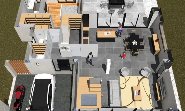 Vue aérienne d'un plan maison 4 chambres avec garage, salon, salle à manger, cuisine et terrasse.