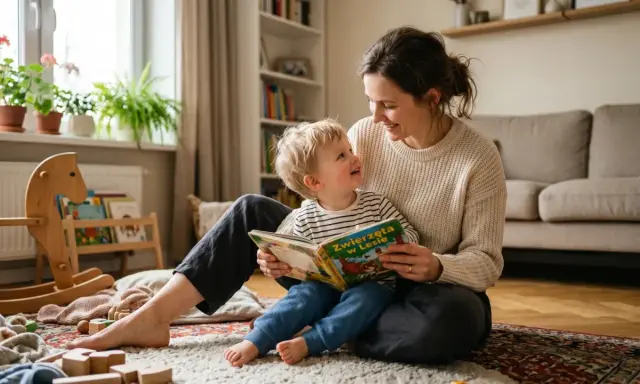 Uśmiechnięta mama czyta książkę swojemu 3-letniemu dziecku. Siedzą na dywanie wśród zabawek.