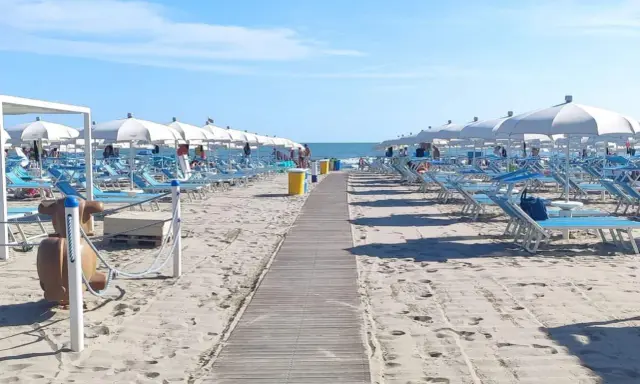 Spiaggia di Misano Adriatico: file di lettini e ombrelloni bianchi pronti per accogliere i bagnanti. Cosa vedere? Il mare azzurro e la sabbia dorata!