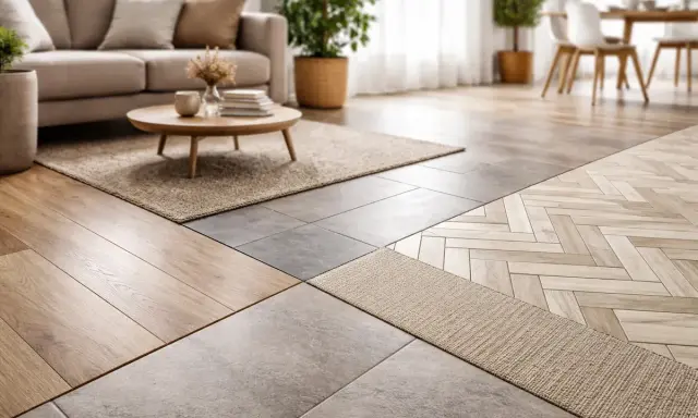 Salon moderne avec différents revêtements de sol : parquet, carrelage et tapis. Une tendance sol qui allie textures et styles.