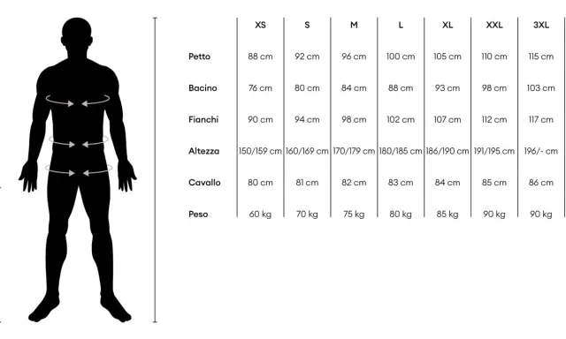 Tabella taglie: la taglia S corrisponde a petto 92 cm, bacino 80 cm, fianchi 94 cm, altezza 160-169 cm, cavallo 81 cm, peso 70 kg.
