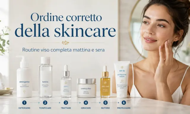 La routine skincare completa: detergere, tonificare, trattare con il siero va risciacquato, idratare, nutrire e proteggere.