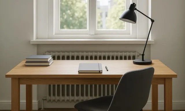 Drewniane biurko pod oknem z kaloryferem, na którym leżą książki, notatnik i lampka.