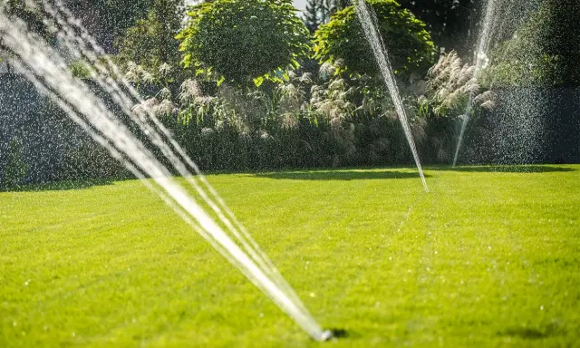 Zraszacze ogrodowe podlewające zielony trawnik w słoneczny dzień.