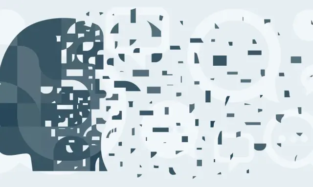 Profilo di una testa che si disintegra in forme geometriche e fumetti, evocando le perversioni del narcisista e la sua frammentazione interiore.