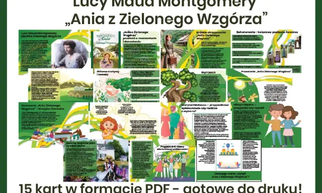 Plakat informacyjny o książce "Ania z Zielonego Wzgórza", przedstawiający autorkę, bohaterów, motywy i przesłanie powieści.