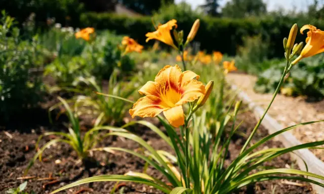 Un jardin fleuri avec des hémérocalles orange éclatantes. L'entretien de ces fleurs est simple pour un tel spectacle.