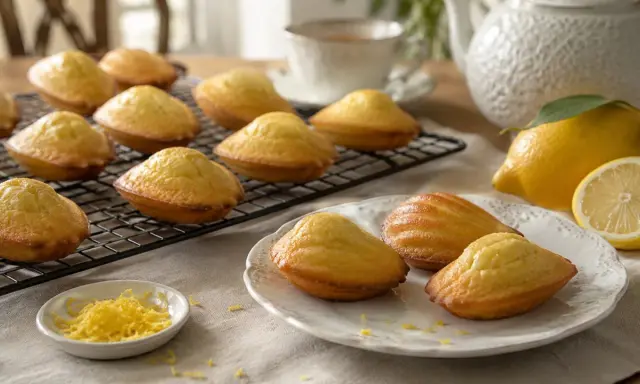 Douceurs dorées : des biscuits madeleine citron, parfaits avec une tasse de thé.