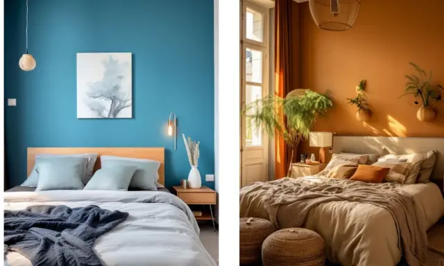 Chambre bleue apaisante et chambre ocre chaleureuse, deux styles pour une tendance peinture chambre garçon.