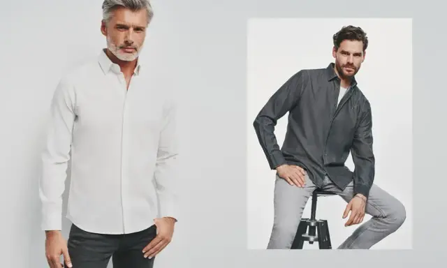Mężczyzna w białej koszuli z kołnierzem typu button-down i mężczyzna w szarej koszuli dżinsowej.