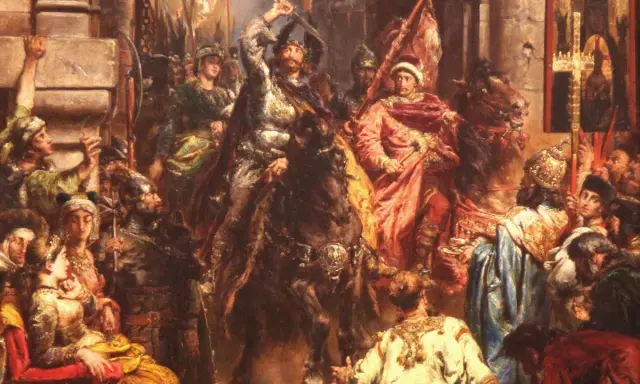 Bolesław Chrobry na koniu, z mieczem wzniesionym do góry, w otoczeniu rycerzy i ludu. Obok niego dostojnik w czerwonym płaszczu.