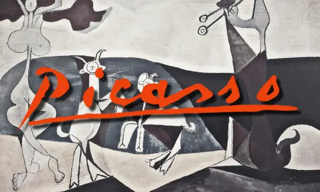 A surreal scene in Picasso art style, featuring abstract figures and goats, with the artist's name boldly overlaid in orange.