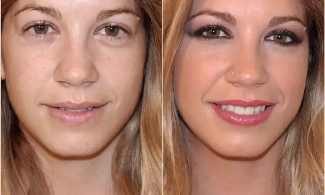 Comparación de rostro: antes sin maquillaje, con ojos cansados, y después con maquillaje que realza la mirada y el brillo de los labios.