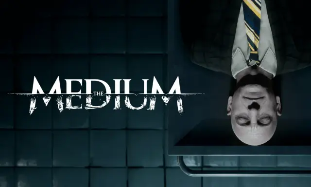 Tytuł gry "The Medium" na tle mrocznego pokoju. Obok leży mężczyzna w garniturze, jakby w transie.