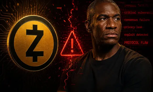 Arthur Hayes wpatrzony w ostrzeżenie o "PROTOCOL FLAW" obok symbolu Zcash.