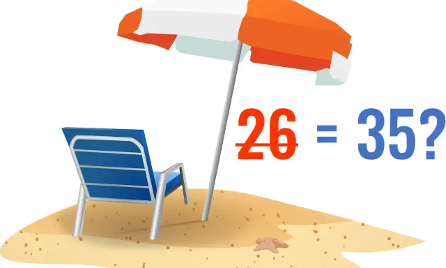 Plaża z leżakiem i parasolem. Obok napis: "26 = 35?". Czy to pytanie o to, od kiedy 35 dni urlopu?