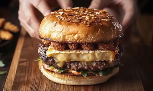 Apetyczny burger drwala przepis: soczysta wołowina, rozpływający się ser, chrupiące dodatki i puszna bułka. Idealny na głód!