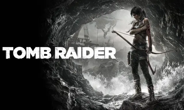 Lara Croft, bohaterka Tomb Raider, stoi na skalistej plaży z łukiem w dłoni, gotowa na przygodę.