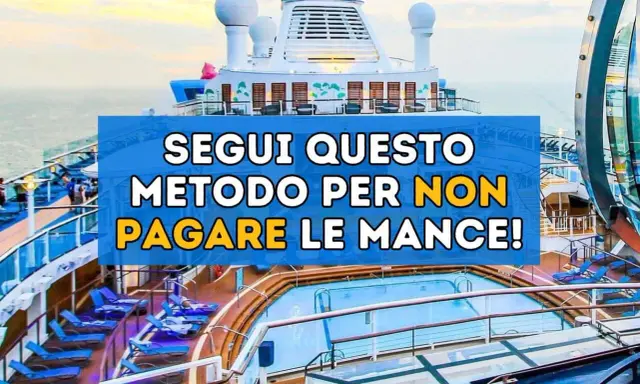 Piscina e sdraio su una nave da crociera. Testo: "Segui questo metodo per non pagare le mance!